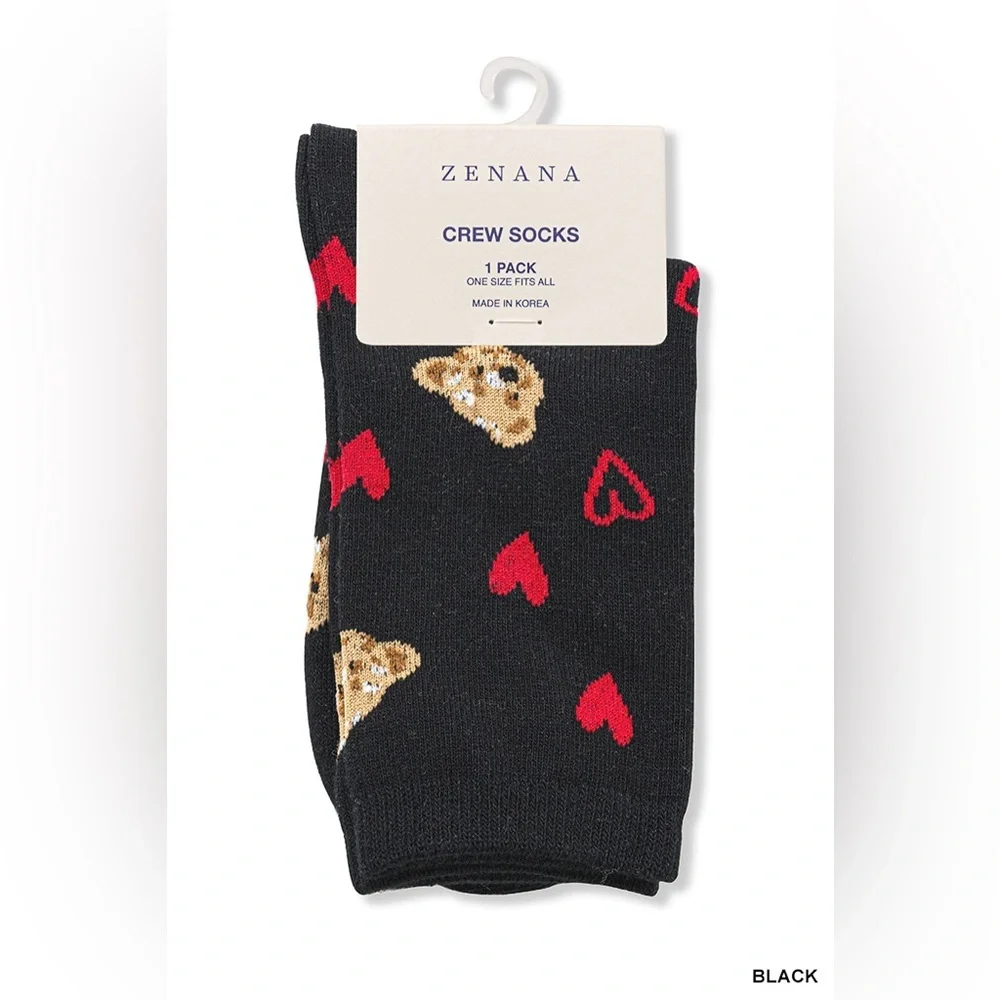NWT Zenana Black & Grey Teddy Bear Heart Crew Socks Cozy Cute Gift One Size